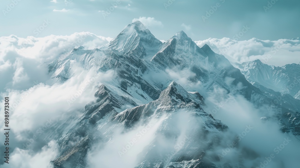 A majestic mountain peak covered in thick snow and surrounded by cloudy skies A majestic mountain peak covered in thick snow and surrounded by cloudy skies