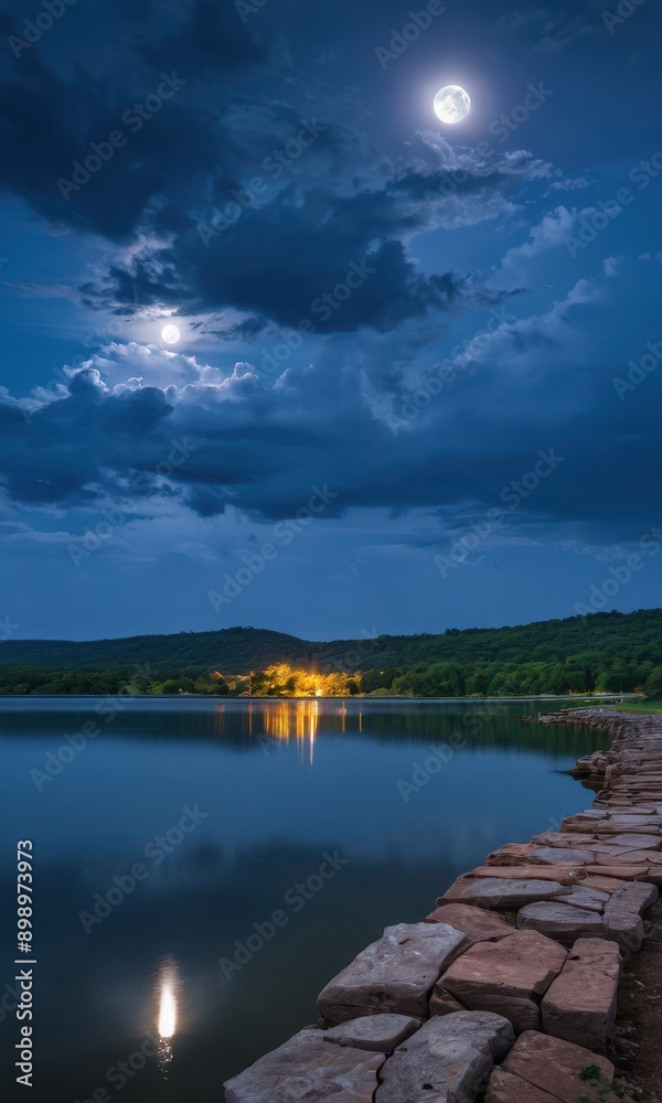 Obraz premium Full Moon Over Tranquil Lake with Rocky Shore.