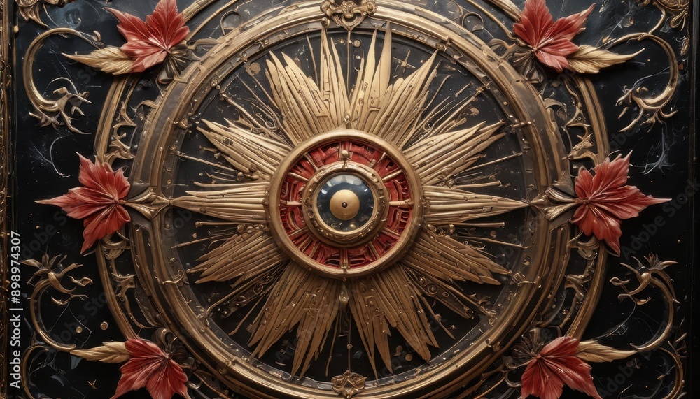 Obraz premium Ornate Gold and Red Sunburst Design.