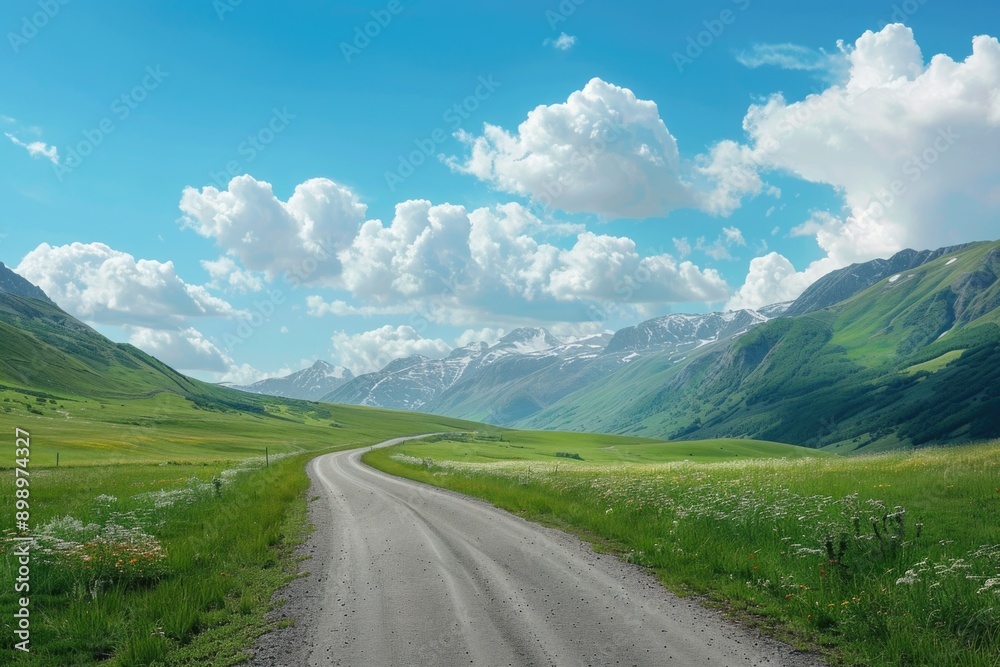 Naklejka premium A dirt road winds its way through a lush green valley, surrounded by rolling hills and greenery