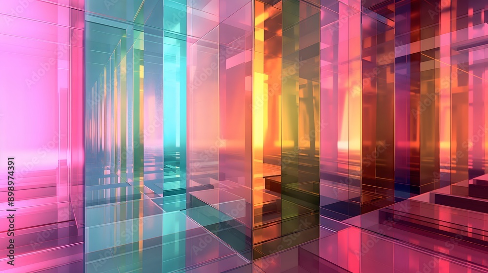 29. **Produce a 3D image of a smooth, transparent glass structure with reflective properties, surrounded by a dynamic, random color gradient 29. **Produce a 3D image of a smooth, transparent glass structure with reflective properties, surrounded by a dynamic, random color gradient