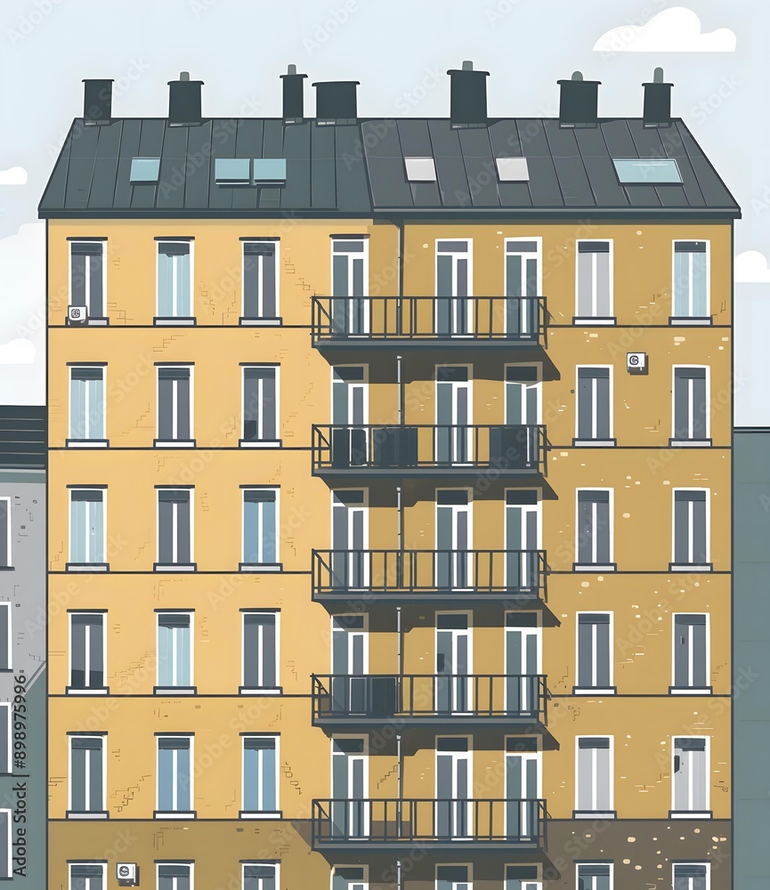 Naklejka premium Facade of Yellow Building with Black Balconies
