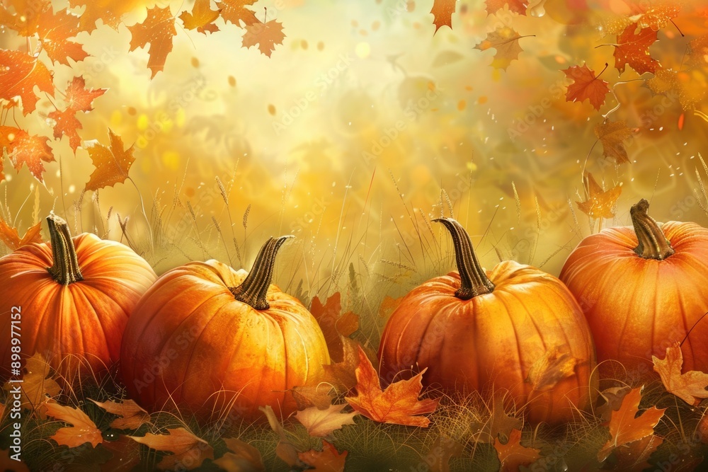 Naklejka premium A group of pumpkins sit atop a pile of fallen leaves, ideal for autumnal or harvest-themed compositions