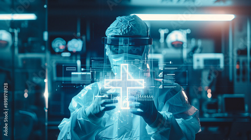 A scientist in a hazmat suit holds a glowing cross symbol, positioned in a high-tech laboratory setting, reflecting themes of hope and innovation in medical technology.