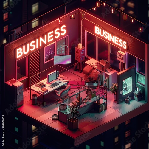 Neon Pulse of Business: Isometric 3D office bathed in vibrant neon light, juxtaposing modern work with a retro cyberpunk aesthetic. Perfect for tech, startup, and futuristic themes. 