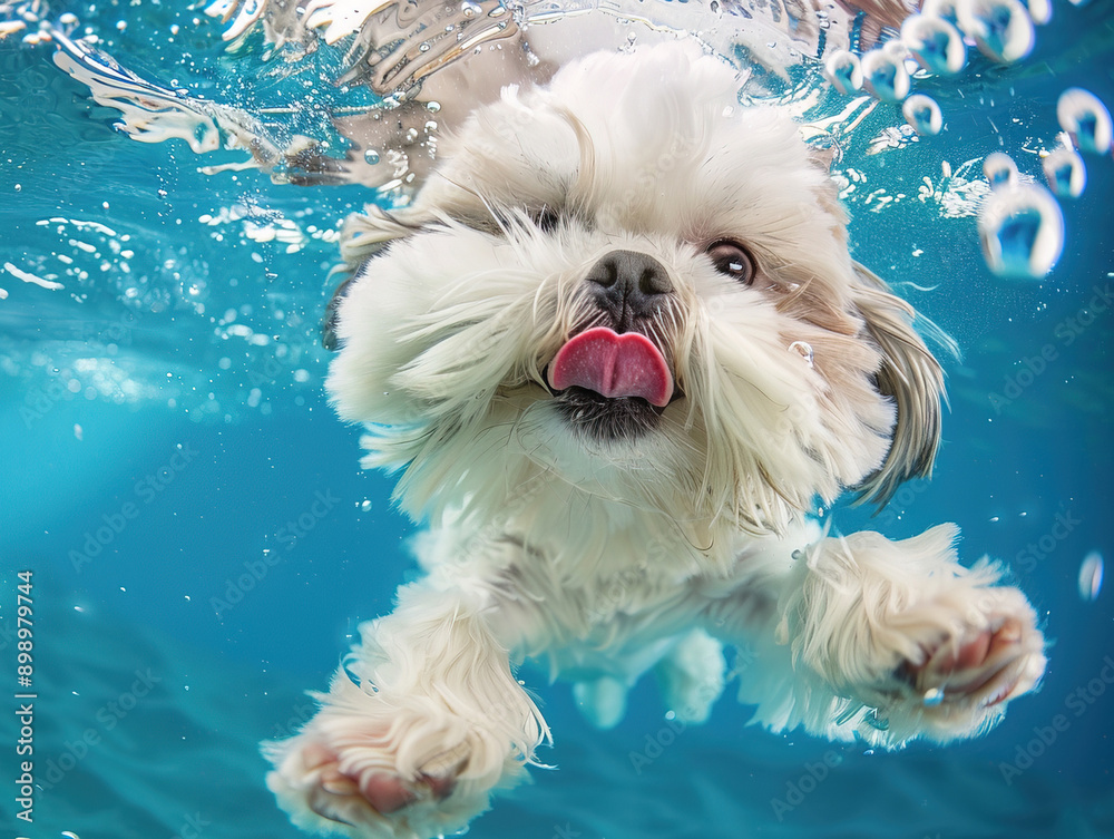 A cute Shih Tzu swims in the underwater, laughing and sticking out its tongue with bobbles. The background is blue and white, which seems to be app-style wallpaper design A cute Shih Tzu swims in the underwater, laughing and sticking out its tongue with bobbles. The background is blue and white, which seems to be app-style wallpaper design