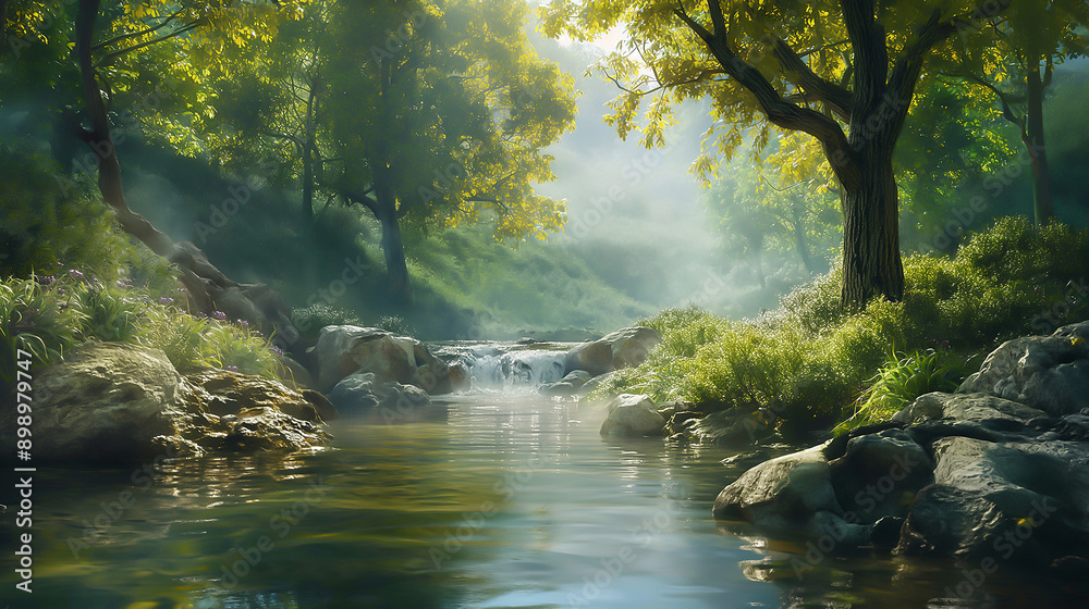 A peaceful river flowing through a forest A peaceful river flowing through a forest