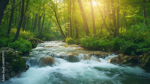 A peaceful river flowing through a forest