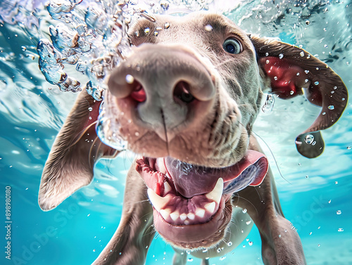 A cute Weimaraner swims in the underwater, laughing and sticking out its tongue with bobbles. The background is blue and white, which seems to be app-style wallpaper design photo