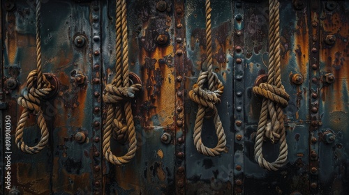 Ropes hanging on old ship s metal wall