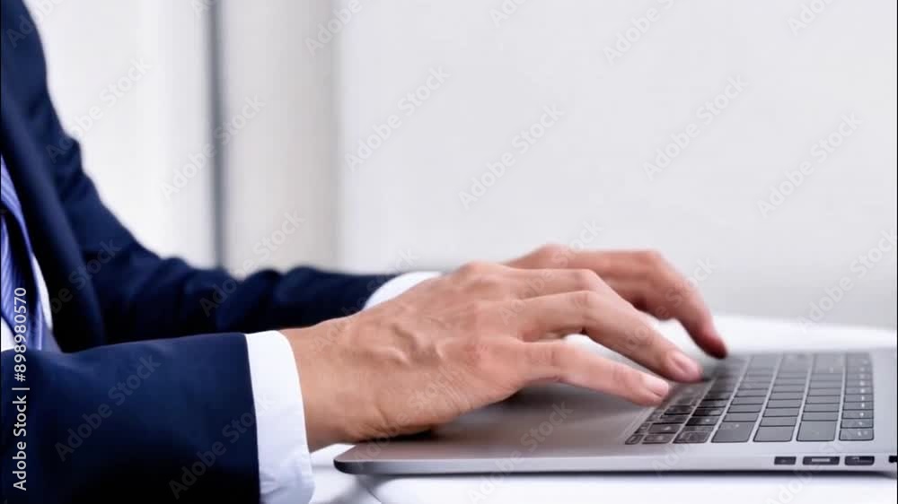 Low-angle view of a businessman typing on a laptop keyboard in an office setting. Low-angle view of a businessman typing on a laptop keyboard in an office setting.
