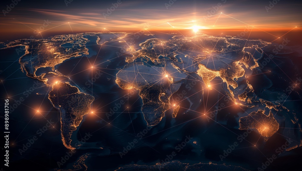 A world map illuminated with glowing global network connections and a sunset backdrop. A world map illuminated with glowing global network connections and a sunset backdrop.