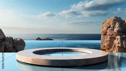 a circular pool with a rock formation in the background