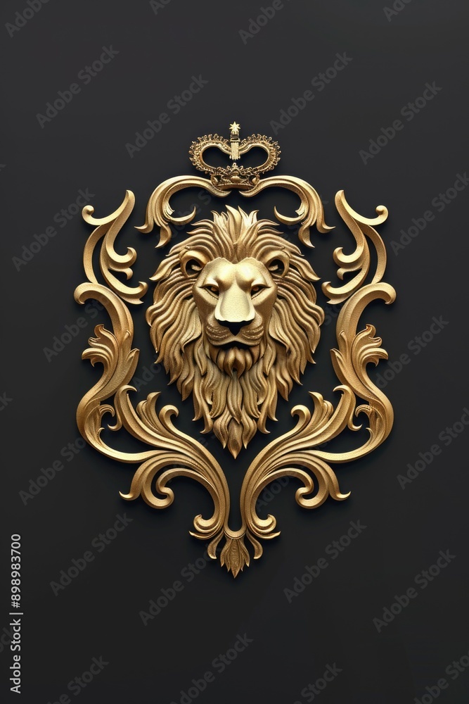 A majestic golden lion's head set against a dark black background A majestic golden lion's head set against a dark black background