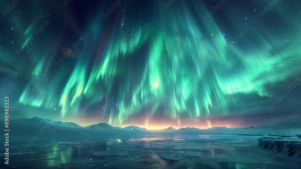 Aurora borealis illuminating a frozen arctic landscape with its vibrant green and blue colors at sunset Aurora borealis illuminating a frozen arctic landscape with its vibrant green and blue colors at sunset