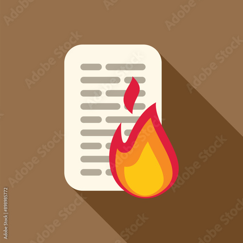 Illustration featuring a sheet of paper with lines of text, partially covered by a stylized flame