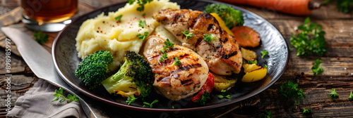 Delectable Grilled Chicken Dinner with Roasted Vegetables and Mashed Potatoes on a Rustic Table