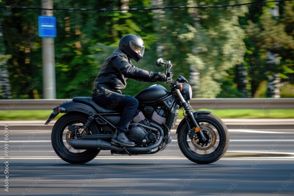 A person on a motorcycle speeding down a city street A person on a motorcycle speeding down a city street