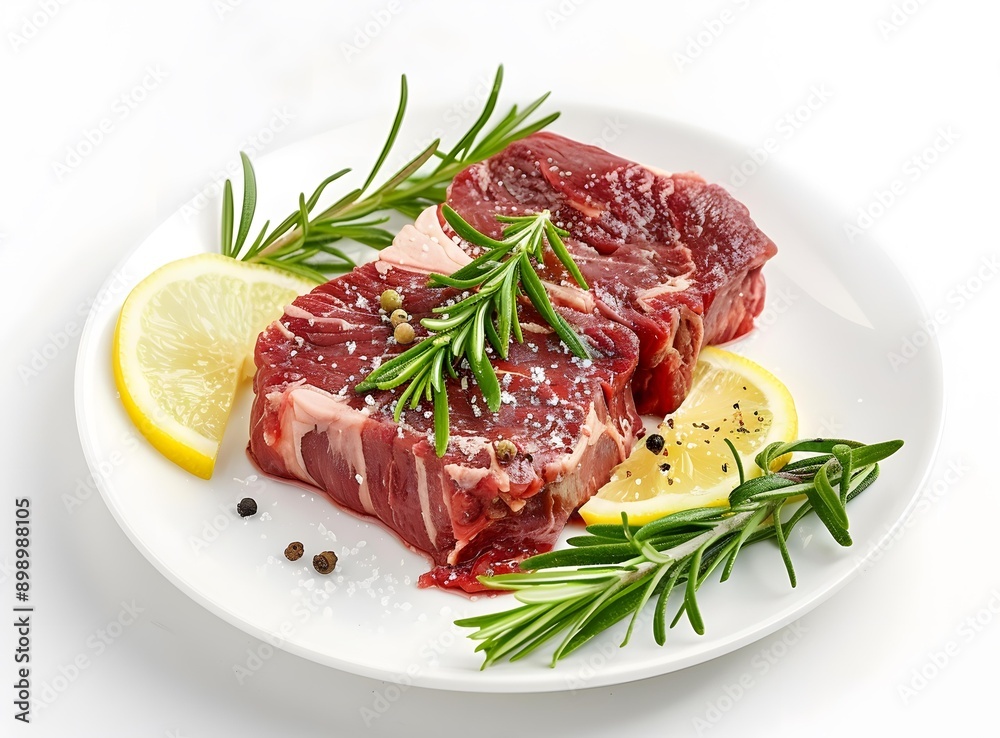 Raw beef steaks on plate with rosemary and lemon Raw beef steaks on plate with rosemary and lemon