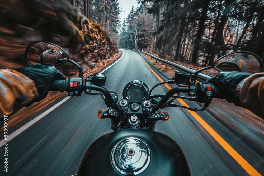 Obraz premium A person rides a motorcycle along a winding country road, with trees and hills in the background