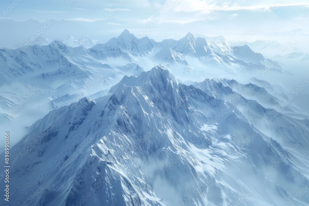 Fototapeta premium Snowy mountain range seen from airplane window