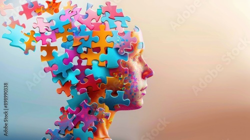 Illustration banner design of human profile made of colorful puzzle pieces. Knowledge and logic concept. Header with connecting jigsaw puzzle pieces with copy space