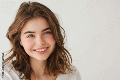 Portrait of young beautiful cute cheerful girl smiling looking at camera over white background.  © Nognapas