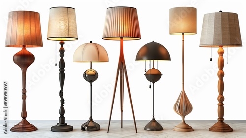 Seven stylish floor lamps with different designs standing on a wooden floor, providing warm light in a bright interior photo