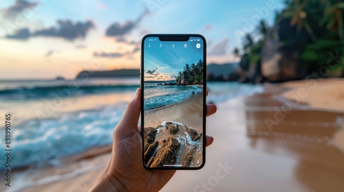Fototapeta Naklejka Na Ścianę i Meble -  Close-up of a person holding a phone taking a picture of a beautiful tropical beach