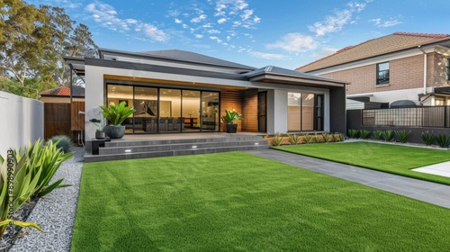 The front yard of a contemporary Australian home or residential building showcases artificial grass lawn turf with timber edging