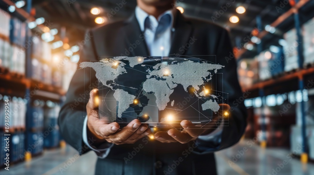 Obraz premium Smart logistics: virtual panel with world map network distribution in hands of businessman.