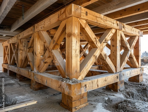 Construction Workers Securing Wooden Supports for Building Framework Security, Busy Construction Site, Framework Security, Wooden Support, Wooden Beams, Building Construction, Site Workers