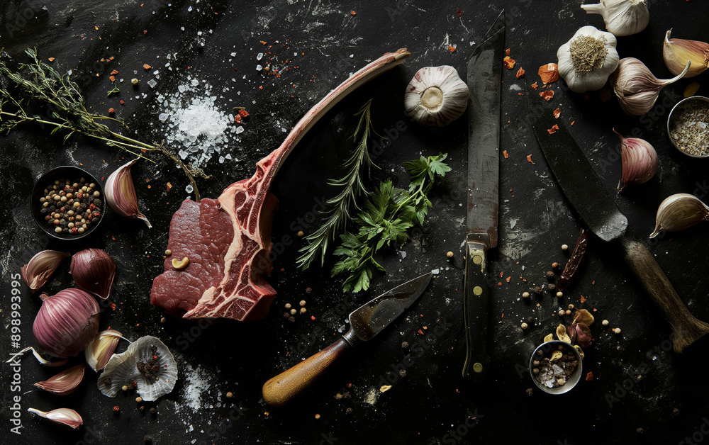 Obraz premium Lamb meat ribs. Fresh lamb mutton ribs with herbs. Butchery, meat shop, farm, recipe book. Kitchen, cooking, food, restaurant menu. From above, top view