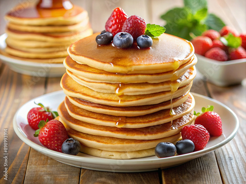 Wallpaper Mural pancakes with berries, pancakes, dessert, berry, blueberry, stack, fruit, sweet, syrup, plate, meal, strawberry, cake, fresh, homemade Torontodigital.ca
