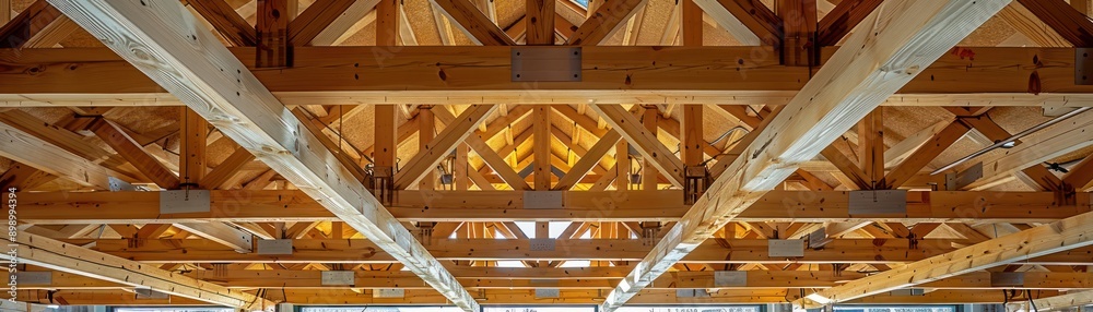 Timber Beam Installation Roof Construction in Progress at a Development Site View the intricate process of placing timber beams within the roofing framework as a new building takes shape See how