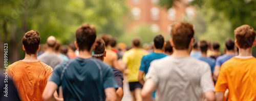 Blurred crowd of athletic participants competing in a dynamic and energetic Labor Day road race event with deep depth of field