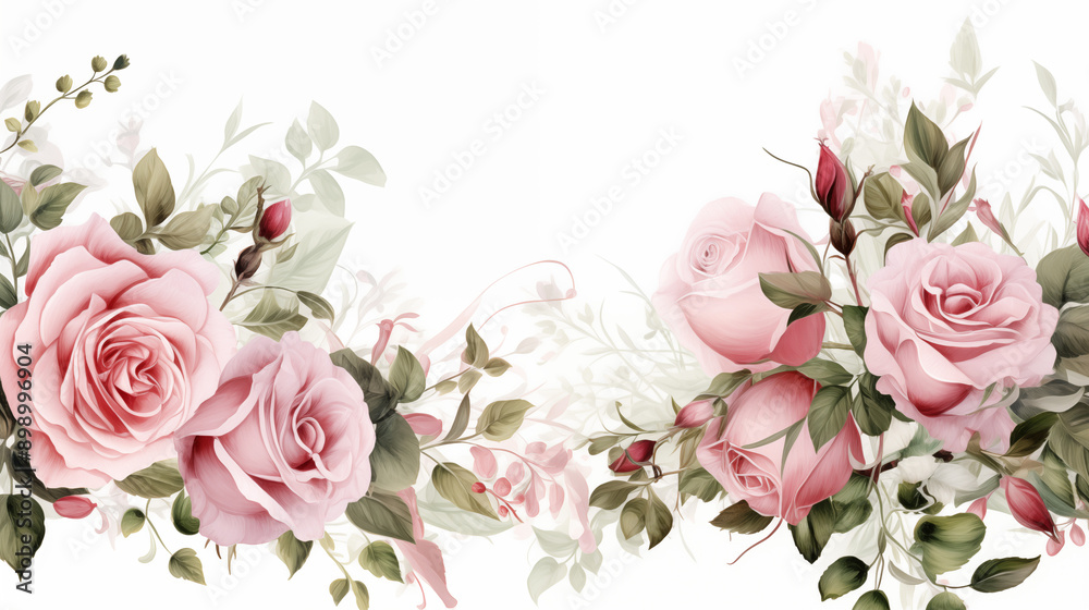 Fototapeta premium Elegant Floral Composition With Pink Roses And Buds Against A White Background