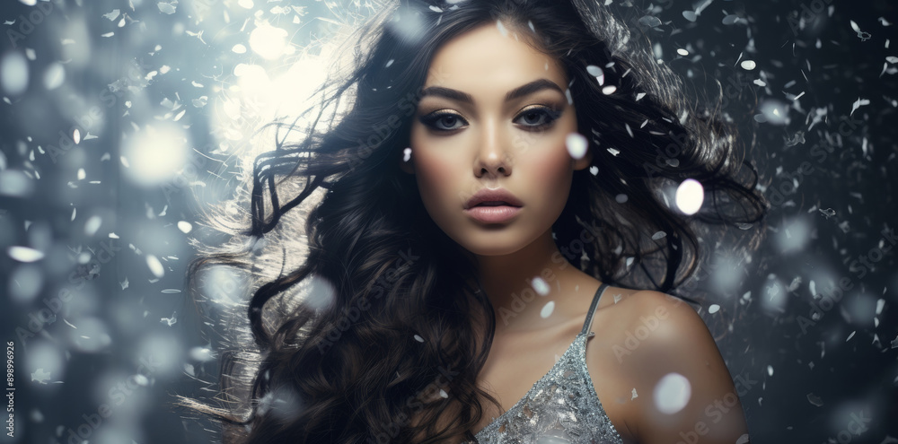Beautiful cute sexy young asian woman with high gloss silver glittering dress, in glitter ice snow fantasy, celebrity and luxury premium style on silvery shiny sparkling dark grey background. Beautiful cute sexy young asian woman with high gloss silver glittering dress, in glitter ice snow fantasy, celebrity and luxury premium style on silvery shiny sparkling dark grey background.