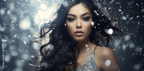 Beautiful cute sexy young asian woman with high gloss silver glittering dress, in glitter ice snow fantasy, celebrity and luxury premium style on silvery shiny sparkling dark grey background.