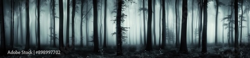 A wide Halloween background showing showing a scary forest at night with trees mist