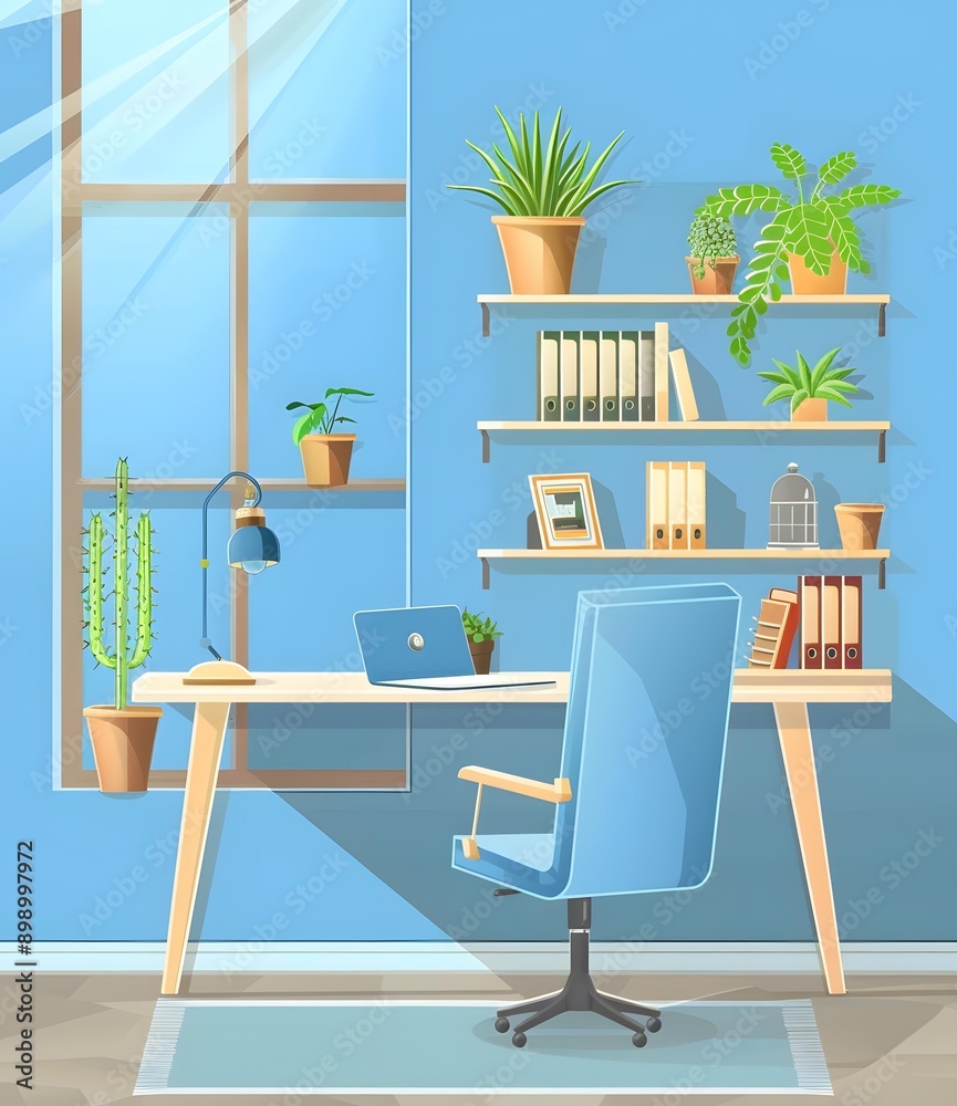 Blue Home Office Room Interior with Desk, Chair, and Plants Blue Home Office Room Interior with Desk, Chair, and Plants