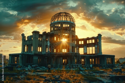 Wallpaper Mural A photograph capturing the Hiroshima Peace Memorial, also known as the Atomic Bomb Dome, during sunset. The ruins are silhouetted against a golden sky, symbolizing hope and remembrance. Torontodigital.ca