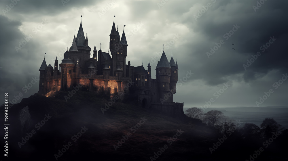 Foreboding Gothic Castle, Darkly Lit, Silhouette, Moody Ambience, generative AI Foreboding Gothic Castle, Darkly Lit, Silhouette, Moody Ambience, generative AI