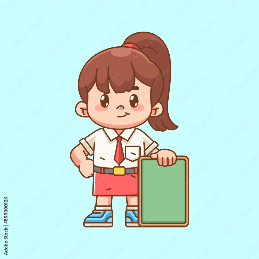 Cute girl Indonesian student elementary school hold green board kawaii chibi character mascot illustration Cute girl Indonesian student elementary school hold green board kawaii chibi character mascot illustration