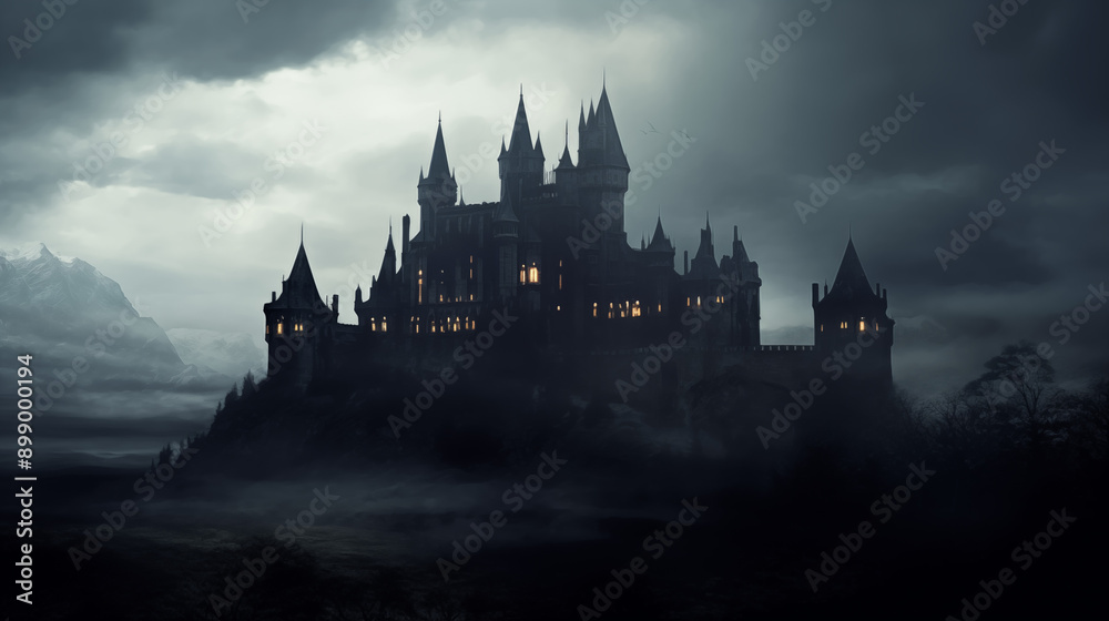 Foreboding Gothic Castle, Darkly Lit, Silhouette, Moody Ambience, generative AI Foreboding Gothic Castle, Darkly Lit, Silhouette, Moody Ambience, generative AI