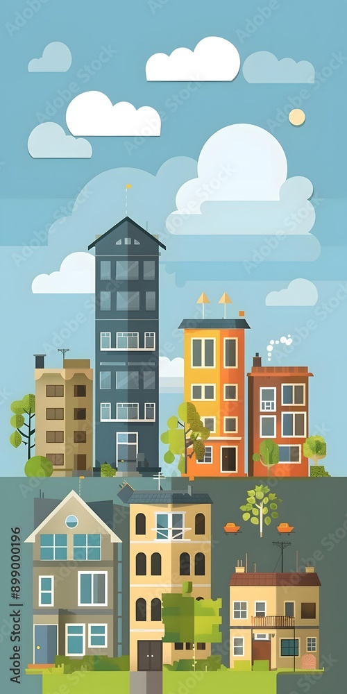Colorful Cityscape with Buildings and Clouds Colorful Cityscape with Buildings and Clouds