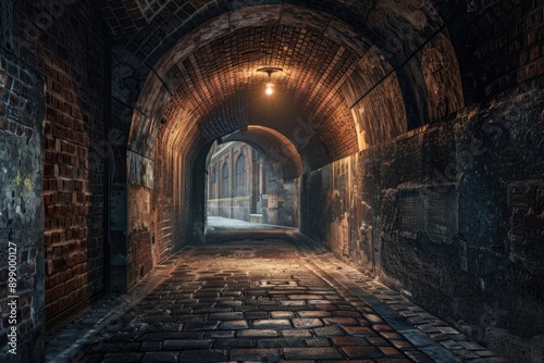 A dark brick tunnel with a light source at the end, often used for dramatic or eerie scenes