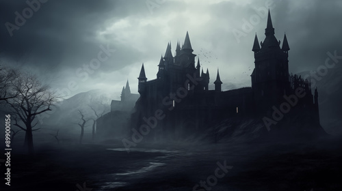Foreboding Gothic Castle, Darkly Lit, Silhouette, Moody Ambience, generative AI