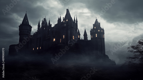 Foreboding Gothic Castle, Darkly Lit, Silhouette, Moody Ambience, generative AI photo