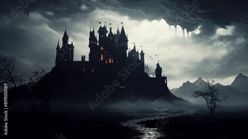 Foreboding Gothic Castle, Darkly Lit, Silhouette, Moody Ambience, generative AI